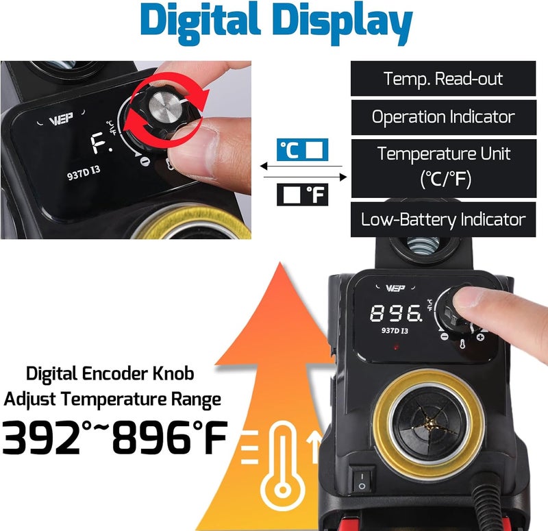 WeP 937D-I 3 Cordless Soldering Iron Kit Compatible with Milwaukee 20V/18V Battery, with Integrated Iron Holder, Digital Display, 6 Soldering Tips, Adjustable Temperature, Auto Sleep & Shutdown - Image 4